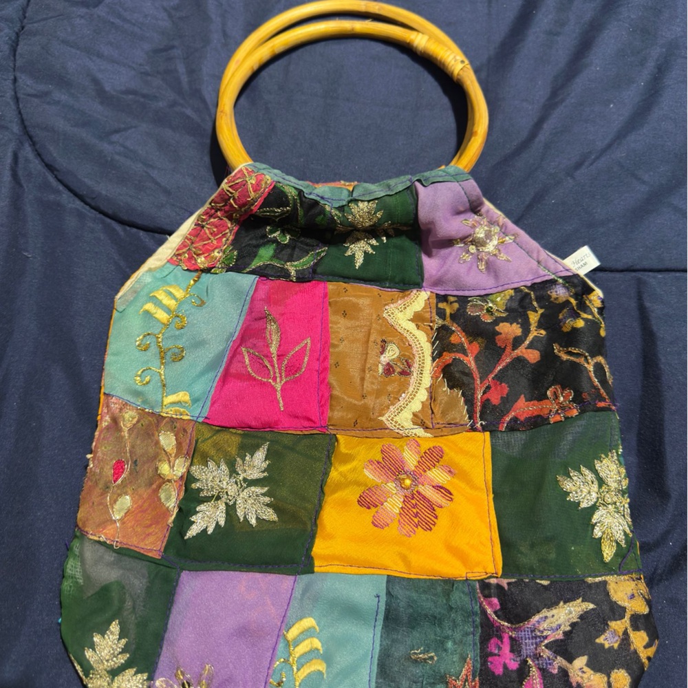 Colorful Patchwork Tote with Bamboo Handles
